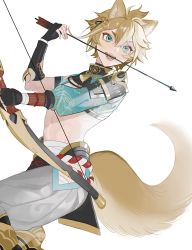 Rule 34 | 1boy, animal ear fluff, animal ears, aqua hair, armor, arrow (projectile), bandages, black gloves, blonde hair, bow (weapon), dog boy, dog ears, dog tail, eyeshadow, fangs, fingerless gloves, genshin impact, gloves, gorou (genshin impact), hair between eyes, hair ornament, highres, holding, holding arrow, holding bow (weapon), holding weapon, kushami deso, makeup, male focus, navel, open mouth, patterned, patterned clothing, pauldrons, paw print, pink eyeshadow, rope belt, shoulder armor, simple background, solo, tail, tongue, vambraces, weapon, white background