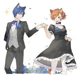 Rule 34 | 1boy, 1girl, animal ear fluff, animal ears, black dress, black pants, black suit, blue eyes, blue flower, blue hair, blue tail, blush, brown hair, brown tail, cat ears, cat tail, choker, closed mouth, dress, extra ears, fangs, flower, formal, hair ornament, highres, holding hands, kemonomimi mode, looking at another, neck ribbon, open mouth, pants, persona, persona 3, persona 3 portable, petals, red eyes, ribbon, shiomi kotone, simple background, skirt hold, suit, tail, tongue, white background, white legwear, xing 20, yuuki makoto (persona 3)