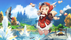 Rule 34 | 1girl, :p, arms up, backpack, bag, bag charm, blonde hair, blue sky, blush, bomb, brown footwear, cabbie hat, campfire, charm (object), day, dodoco (genshin impact), dress, explosive, facing viewer, feathers, fish, genshin impact, hat, highres, jumping, klee (genshin impact), long hair, official art, outdoors, raijuu (bakanara), randoseru, red dress, red hat, sky, smile, solo, tongue, tongue out, water, white feathers