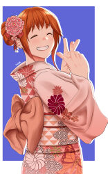 Rule 34 | 1girl, ^ ^, absurdres, blue background, blush, border, bow, brown hair, closed eyes, commentary, double v, english commentary, flower, giselle de steward, hair bow, hair bun, hair flower, hair ornament, highres, japanese clothes, kimono, looking at viewer, orange bow, orange kimono, original, outside border, parted lips, pink flower, raffijoe5, red bow, single hair bun, smile, solo, v, white border