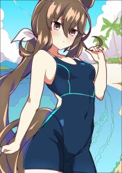 Rule 34 | 1girl, admire vega (umamusume), alternate costume, animal ears, bare shoulders, beach, blue one-piece swimsuit, blue sky, breasts, brown eyes, brown hair, closed mouth, cloud, cloudy sky, commentary request, cowboy shot, ear covers, hair between eyes, highres, horse ears, horse girl, horse tail, long hair, looking at viewer, ocean, one-piece swimsuit, outdoors, palm tree, ponytail, sand, single ear cover, sky, small breasts, solo, swimsuit, tail, tree, umamusume, wahiko (black bastard), water