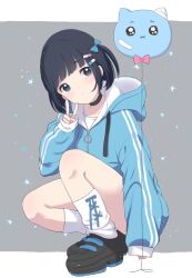 Rule 34 | 1girl, balloon, black footwear, black hair, blue eyes, blush, bow, closed mouth, commentary request, dot mouth, full body, hair bow, highres, hood, hood down, hooded jacket, jacket, long sleeves, looking at viewer, loose socks, one side up, original, pill hair ornament, shoes, short hair, sleeves past wrists, sneakers, socks, solo, sparkle, squatting, v, white socks, yukiu con