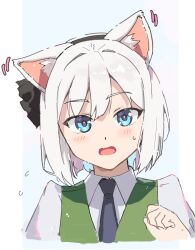 Rule 34 | 1girl, absurdres, animal ear fluff, animal ears, asuka shirou, black hairband, black necktie, blue background, blue eyes, blush, cat ears, commentary request, hairband, highres, konpaku youmu, looking at viewer, necktie, open mouth, short hair, simple background, solo, sweat, touhou, upper body, white hair