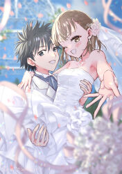 Rule 34 | 1boy, 1girl, :d, arm around neck, armpits, artist name, ascot, ayuko (ayuko54bornthisway), bare shoulders, black eyes, black hair, blue ascot, blue sky, blurry, blurry background, bob cut, bouquet, braid, breasts, bridal veil, bride, brown eyes, brown hair, carrying, cloud, commentary, commission, couple, depth of field, dress, dress shirt, earrings, flower, foreshortening, formal, french braid, grin, groom, hair flower, hair ornament, hand on another&#039;s back, hand on another&#039;s leg, hand on another&#039;s shoulder, hetero, highres, jacket, jewelry, kamijou touma, looking at viewer, misaka mikoto, necklace, one eye closed, open mouth, outdoors, parted lips, pink flower, pink ribbon, pixiv commission, princess carry, reaching, reaching towards viewer, ribbon, shirt, short hair, signature, sky, small breasts, smile, spiked hair, strapless, strapless dress, streamers, suit, suit jacket, throwing, toaru kagaku no railgun, toaru majutsu no index, veil, wedding, wedding dress, white dress, white flower, white jacket, white shirt