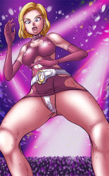 Rule 34 | 1girl, android 18, bare shoulders, blonde hair, blue eyes, breasts, censored, choker, covered erect nipples, dragon ball, dragonball z, earrings, elbow gloves, gloves, jewelry, open mouth, panties, pussy, takimoto dojo, underwear