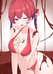Rule 34 | 1girl, ;d, absurdres, between breasts, bikini, box, breasts, chocolate, chocolate on body, chocolate on breasts, chocolate on face, fang, food, food on body, food on face, gold trim, hair ribbon, heart-shaped box, highres, hololive, houshou marine, houshou marine (summer), large breasts, nai (cnoadi8), one eye closed, open mouth, red bikini, red hair, red ribbon, ribbon, sitting, smile, solo, swimsuit, twintails, valentine, virtual youtuber, yellow eyes
