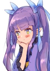 Rule 34 | 1girl, blue bow, blunt bangs, blush, bow, breasts, elf, hair bow, hand on own chin, highres, japanese clothes, kimono, kyoka (princess connect!), long hair, long sleeves, looking to the side, nishin (nsn 0822), pointy ears, princess connect!, purple hair, purple kimono, sidelocks, simple background, small breasts, solo, twintails, white background, wide sleeves, yellow eyes