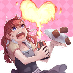 Rule 34 | 1girl, alternate hairstyle, apron, bakusou kyoudai let&#039;s &amp; go!!, bakusou kyoudai let&#039;s &amp; go!! max, bracelet, chocolate, collarbone, commentary, fire, fire stinger, flamethrower, hair down, hair ornament, heart, jewelry, long hair, mini 4wd, myuutau tadakichi, oogami marina, pink background, plate, purple eyes, red hair, solo, surprised, sweat, toy car, two-tone background, valentine, weapon, white background