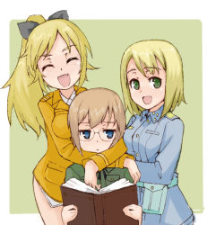 Rule 34 | 3girls, 841 (chinchilla), blonde hair, blue eyes, book, brown hair, elma leivonen, fang, freckles, glasses, green eyes, hair ribbon, katharine o&#039;hare, katharine ohare, military, military uniform, multiple girls, ponytail, ribbon, strike witches, strike witches: suomus misfits squadron, uniform, ursula hartmann, world witches series