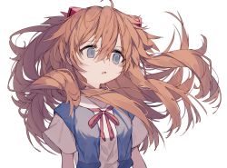 Rule 34 | 1girl, blouse, commentary request, deep (deep4946), dress shirt, grey eyes, hairpods, highres, interface headset, long hair, neckerchief, neon genesis evangelion, orange hair, red neckerchief, school uniform, shirt, simple background, solo, souryuu asuka langley, tokyo-3 middle school uniform, two side up, upper body, white background, white shirt