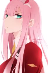 Rule 34 | 10s, 1girl, blush, closed mouth, commentary request, copyright name, darling in the franxx, dated, green eyes, hair between eyes, horns, jacket, long hair, looking at viewer, looking to the side, pink hair, red jacket, signature, simple background, solo, tsukimori usako, very long hair, white background, yellow neckwear, zero two (darling in the franxx)