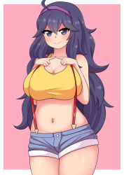Rule 34 | 1girl, absurdres, alternate breast size, bare arms, bare legs, breasts, cleavage, closed mouth, collarbone, commentary, cosplay, cowboy shot, creatures (company), crop top, denim, denim shorts, game freak, hair ornament, hairband, hands on own chest, hex maniac (pokemon), highres, large breasts, looking at viewer, midriff, misty (pokemon), misty (pokemon) (cosplay), navel, nintendo, pink background, pink hairband, pokemon, pokemon (anime), pokemon (classic anime), pokemon xy, purple eyes, purple hair, short shorts, shorts, side ponytail, simple background, sketch, skirt, sleeveless, smile, solo, standing, stomach, suspender shorts, suspender skirt, suspenders, tail, tank top, the only shoe, white background, yellow tank top