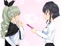 Rule 34 | 2girls, anchovy (girls und panzer), anzio school uniform, black hair, blush, braid, breasts, cape, closed eyes, drill hair, eyebrows, gift, girls und panzer, green hair, hair ornament, hair ribbon, hat, large breasts, multiple girls, open mouth, pepperoni (girls und panzer), pink background, ribbon, ruka (piyopiyopu), school uniform, shiny skin, simple background, smile, twin drills, twintails, valentine, yellow eyes, yuri