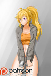 Rule 34 | 1girl, :|, ahoge, blush, bottomless, breasts, cleavage, closed mouth, clothes pull, cowboy shot, drawstring, gluteal fold, grey background, high ponytail, highres, hood, hoodie, kimmy77, large breasts, long hair, looking away, mechanical hands, midriff, navel, patreon logo, ponytail, purple eyes, rwby, single mechanical hand, solo, spoilers, tank top, thighs, watermark, web address, yang xiao long, zipper, zipper pull tab