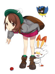 Rule 34 | 1girl, absurdres, ankle boots, backpack, bag, boots, brown eyes, brown footwear, brown hair, buttons, cardigan, creatures (company), cross-laced footwear, dress, full body, game freak, gen 8 pokemon, ginji74, gloria (pokemon), green headwear, green legwear, grey cardigan, hat, highres, lace-up boots, legs apart, long sleeves, nintendo, pink dress, poke ball, poke ball (basic), pokemon, pokemon (creature), pokemon swsh, pom pom (clothes), rookidee, scorbunny, short dress, short hair, simple background, sleeves past wrists, socks, standing, tam o&#039; shanter, white background