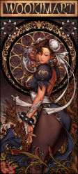 Rule 34 | 1girl, art nouveau, ass, backless dress, backless outfit, blue dress, blue eyes, bracelet, breasts, brown pantyhose, bun cover, capcom, china dress, chinese clothes, chun-li, double bun, dress, earrings, eyeliner, hair bun, half-closed eyes, highres, jewelry, lace, large breasts, looking back, makeup, making-of available, md5 mismatch, pantyhose, pelvic curtain, puffy short sleeves, puffy sleeves, resized, resolution mismatch, sash, short sleeves, solo, source smaller, spiked bracelet, spikes, street fighter, thick thighs, thighs, upscaled, woo kim