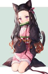 Rule 34 | 1girl, animal ear fluff, animal ears, artist name, bamboo, bell, bit gag, black hair, blush, brown hair, cat ears, cat girl, cat tail, checkered sash, choker, commentary, english commentary, fang, forehead, gag, gradient background, green background, hair ribbon, highres, hitsukuya, japanese clothes, jingle bell, kamado nezuko, kemonomimi mode, kimetsu no yaiba, kimono, kneeling, leash, long hair, long sleeves, looking at viewer, mouth hold, neck bell, obi, open clothes, parted bangs, pink eyes, pink kimono, pink ribbon, red choker, ribbon, sash, signature, sleeves past fingers, sleeves past wrists, solo, tail, two-tone background, v-shaped eyebrows, very long hair, white background
