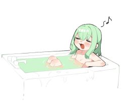Rule 34 | 1boy, androgynous, bathing, bathtub, blush, closed eyes, collarbone, completely nude, faucet, green hair, medium hair, muchi maro, musical note, nude, open mouth, original, otori-tan, relaxing, sidelocks, simple background, solo, spoken musical note, white background