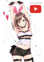 Rule 34 | 1girl, ;), absurdres, armpits, belt, blush, breasts, brown hair, choker, cowboy shot, fingerless gloves, gloves, hairband, heart o-ring, highres, kizuna ai, kizuna ai (a.i. games), kizuna ai inc., looking at viewer, medium breasts, multicolored hair, navel, official alternate costume, one eye closed, pink hair, pink hairband, pouch, short hair, short shorts, shorts, simple background, smile, solo, stretching, swept bangs, thigh strap, two-tone hair, underboob, virtual youtuber, white background, youtube, youtube logo, zedxxx