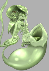 Rule 34 | 1girl, :p, ass, green eyes, green hair, green theme, highres, inutokage, matching hair/eyes, monster girl, original, pitcher plant, plant, plant girl, simple background, smile, solo, tongue, tongue out