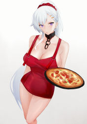 Rule 34 | 1girl, absurdres, azur lane, bare legs, belfast (azur lane), belfast (piping-hot perfection) (azur lane), bow, braid, braided bangs, breasts, cl (summer sama), cleavage, collarbone, dress, food, hair bow, hairband, highres, large breasts, legs, long hair, looking at viewer, pizza, pizza hut, ponytail, purple eyes, red dress, short dress, solo, thighs, waitress, white background, white hair