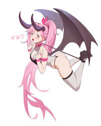 Rule 34 | 1girl, ass, black panties, blue eyes, bound, bound ankles, bound wrists, breasts, choker, cleavage, collar, demon girl, demon horns, demon wings, drooling, heart, heart-shaped pupils, highres, horns, leotard, long hair, looking at viewer, midfinger, mole, mole on ass, open mouth, original, panties, pink hair, ponytail, restrained, saliva, small breasts, solo, symbol-shaped pupils, thick thighs, thighhighs, thighs, thong, underwear, white thighhighs, wings
