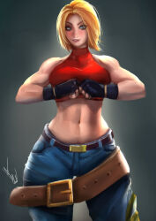 Rule 34 | 1girl, blonde hair, blue eyes, blue mary, breasts, clenched hands, denim, fatal fury, fingerless gloves, gloves, highres, jeans, large breasts, looking at viewer, midriff, navel, pants, parted lips, pink lips, short hair, smile, snk, solo, the king of fighters, thick thighs, thighs, toned
