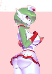 Rule 34 | 1girl, 32rabbitteeth, absurdres, artist name, ass, bare shoulders, bob cut, breasts, colored skin, cowboy shot, creatures (company), crop top, cropped, cross, female focus, from behind, game freak, gardevoir, gen 3 pokemon, gloves, green hair, green skin, hair over one eye, hand on own chest, hand up, hat, highres, large breasts, looking at viewer, looking back, miniskirt, multicolored skin, nintendo, nipples, no bra, no mouth, no panties, nurse, nurse cap, one eye covered, open clothes, open shirt, outline, pink background, pink outline, pleated skirt, pokemon, pokemon (creature), red cross, red eyes, red gloves, red trim, shirt, short hair, simple background, skirt, sleeveless, sleeveless shirt, solo, sparkle, standing, thick thighs, thighs, two-tone skin, watermark, white hat, white shirt, white skin, white skirt
