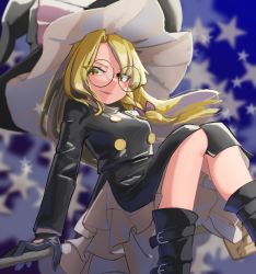 Rule 34 | 1girl, bespectacled, blonde hair, bow, braid, broom, broom riding, commentary request, dress, frilled dress, frills, glasses, gloves, hair bow, hat, hat bow, highres, kirisame marisa, large hat, long hair, long sleeves, shirt, solo, star (symbol), starry background, touhou, white shirt, witch hat, yellow eyes, zakozako y