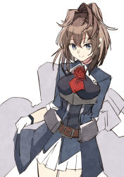 Rule 34 | 1girl, belt, blue eyes, breasts, brown hair, flower, gloves, hair between eyes, kantai collection, medium breasts, ponytail, red flower, red neckwear, red rose, rigging, rose, sheffield (kancolle), simple background, skirt, smile, solo, takamachiya, white background, white gloves