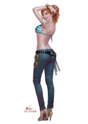 Rule 34 | 1girl, :d, arm tattoo, arms up, artist name, ass, bangle, belt, bikini, bikini top only, blue pants, bracelet, breasts, clima-tact, contrapposto, denim, from behind, hand in own hair, high heels, holster, image sample, in-hyuk lee, jeans, jewelry, lipstick, log pose, long hair, looking at viewer, looking back, makeup, medium breasts, midriff, nami (one piece), one piece, open mouth, orange hair, pants, pink lips, pocket, ruffling hair, signature, simple background, smile, solo, staff, standing, strap gap, swimsuit, tattoo, teeth, white background