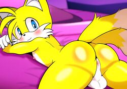 Rule 34 | 1boy, anus, ass, bed, blush, furry, furry funnychan, highres, lying, nipples, on stomach, sega, shy, sonic (series), tails (sonic), testicles