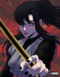 Rule 34 | 1girl, absurdres, black nails, chi-chi (dragon ball), corruption, cosplay, dark persona, dragon ball, dragon ball super, earrings, goku black, goku black (cosplay), highres, holding, holding scythe, jewelry, long hair, looking at viewer, ponytail, possessed, possession, potara earrings, red eyes, red lips, scythe, sydoria