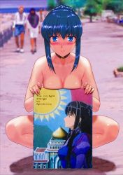 Rule 34 | 00s, 1girl, blue eyes, blue hair, blush, breasts, choker, cleavage, cover, covering privates, day, gundam, gundam 00, hechi, large breasts, long hair, marina ismail, non-web source, nude, nude cover, outdoors, public indecency, public nudity, sign, spread legs, squatting