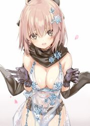 Rule 34 | 1girl, ahoge, artoria pendragon (lancer alter) (fate), artoria pendragon (lancer alter) (royal icing) (fate), black eyes, black gloves, black panties, black scarf, blush, breasts, breasts squeezed together, cherry blossoms, commentary request, fate/grand order, fate (series), garter belt, gloves, hair ornament, highres, large breasts, looking at viewer, official alternate costume, okita souji (fate), okita souji (koha-ace), open mouth, panties, petals, royal icing, scarf, see-through, shino (eefy), short hair, simple background, solo, underwear, v, white background