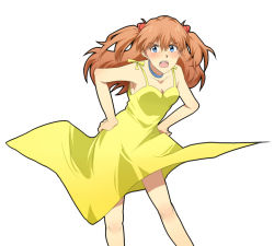 Rule 34 | 1girl, blue eyes, blush, choker, dress, female focus, looking at viewer, neon genesis evangelion, open mouth, simple background, solo, souryuu asuka langley, tongue, white background, yellow dress