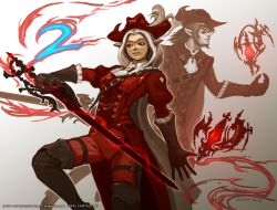 Rule 34 | 10s, 1boy, 1girl, boots, brown eyes, brown hair, coat, copyright name, dark skin, elezen, elf, final fantasy, final fantasy xiv, gloves, hat, knee boots, official art, pointy ears, rapier, red mage (final fantasy), sword, watermark, weapon, white hair