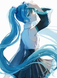 Rule 34 | 1girl, black skirt, black sleeves, blue eyes, blue hair, collared shirt, cowboy shot, detached sleeves, floating hair, from behind, hair between eyes, hair ornament, hand on own head, hatsune miku, high-waist skirt, highres, long hair, long sleeves, looking at viewer, looking back, petticoat, pleated skirt, profile, saikisaika, shirt, shirt tucked in, sidelocks, simple background, skirt, sleeveless, sleeveless shirt, solo, twintails, very long hair, vocaloid, white background, white shirt