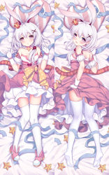 Rule 34 | 1girl, :o, animal ears, bare shoulders, bed, braid, crown, dakimakura (medium), dress, fox ears, from below, gloves, honkai (series), honkai impact 3rd, long hair, looking at viewer, lying, no shoes, on back, on stomach, open mouth, pillow, pink dress, pink eyes, pink footwear, pink hair, qunqing, shoes, side ponytail, soles, theresa apocalypse, theresa apocalypse (sakuno rondo), thighhighs, white gloves, white hair, white thighhighs