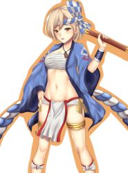 Rule 34 | 10s, arcie albano, blonde hair, breasts, brown eyes, cleavage, djeeta (granblue fantasy), drum master (granblue fantasy), granblue fantasy, groin, hand on own hip, legs, legs apart, navel, sarashi, solo, thighs, white background, wide stance