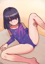Rule 34 | 1girl, athletic leotard, barefoot, black hair, commentary request, feet out of frame, highres, leotard, looking at viewer, lying, mat, on side, original, purple eyes, purple leotard, saisho no nakama, short hair, solo, spread legs, wooden floor