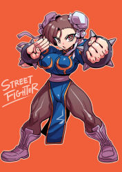 Rule 34 | 1girl, bracelet, breasts, brown eyes, brown hair, bun cover, capcom, chibi, china dress, chinese clothes, chun-li, double bun, dress, full body, hair bun, highres, jewelry, looking at viewer, open mouth, pantyhose, simple background, solo, spiked bracelet, spikes, street fighter, street fighter ii (series), tukiwani