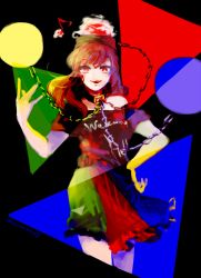 Rule 34 | 1girl, black background, black shirt, chain, clothes writing, collar, earth (ornament), hand on own hip, hand up, hat, hecatia lapislazuli, kimochi, long hair, looking at viewer, moon (ornament), multicolored clothes, multicolored skirt, musical note, off-shoulder shirt, off shoulder, open mouth, quaver, red eyes, red hair, shirt, simple background, skirt, smile, solo, touhou, triangle
