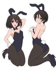 Rule 34 | 1girl, 2girls, animal ears, arm behind head, arm up, back, backless leotard, black bow, black bowtie, black footwear, black hair, black leotard, black pantyhose, blue eyes, blush, bob cut, bow, bowtie, breasts, closed mouth, collar, covered navel, covering privates, covering breasts, detached collar, fake animal ears, fake tail, floating, frown, hand on own hip, hibike! euphonium, high heels, hisaishi kanade, legs up, leotard, medium breasts, multiple girls, open mouth, pantyhose, pc fworks, playboy bunny, rabbit ears, rabbit tail, red eyes, smile, solo, strapless, strapless leotard, suzuki mirei, tail, white collar, wrist cuffs