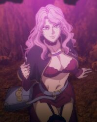 Rule 34 | 1girl, anime screenshot, black clover, bra, breasts, cleavage, garter straps, highres, large breasts, looking at viewer, midriff, miniskirt, official art, pink eyes, pink hair, revealing clothes, skirt, smile, thick thighs, thighhighs, thighs, underwear, vanessa enoteca