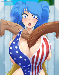 Rule 34 | 1girl, 2boys, :o, alternate costume, american flag bikini, artist name, bikini, blonde hair, blue eyes, blue hair, blush, breasts, cleavage, constricted pupils, dark-skinned male, dark skin, deepspace, double paizuri, embarrassed, eyebrows, eyelashes, flag print, gradient hair, group sex, hands on own chest, hetero, highleg, highleg swimsuit, highres, huge breasts, large penis, league of legends, long hair, looking at penis, mmf threesome, multicolored hair, multiple boys, one-piece swimsuit, open mouth, outdoors, paizuri, paizuri under clothes, penis, penis under another&#039;s clothes, reverse paizuri, solo focus, sona (league of legends), surprised, swimsuit, threesome, twintails, two-tone hair, upper body, veins, veiny penis, wide hips