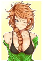 Rule 34 | 1girl, ;), bare shoulders, bikini, bikini top only, black bikini, blue eyes, border, braid, breasts, cleavage, closed mouth, collarbone, covered erect nipples, gankami, head tilt, large breasts, leah (stardew valley), looking at viewer, messy hair, off-shoulder, off-shoulder sweater, one eye closed, orange hair, simple background, single braid, smile, solo, stardew valley, sweater, swimsuit, upper body, v arms, white border, yellow background