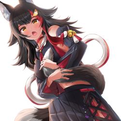 Rule 34 | 1girl, animal ears, bare shoulders, bell, black hair, black shirt, black skirt, blush, choker, commentary, detached sleeves, fang, hair between eyes, hair ornament, hairclip, highres, holding tail, hololive, long hair, looking at viewer, multicolored hair, neckerchief, ookami mio, ookami mio (1st costume), open mouth, red choker, red hair, red neckerchief, shirt, sidelocks, simple background, skirt, solo, tail, two-tone hair, uetaku, virtual youtuber, white background, wolf ears, wolf girl, wolf tail, yellow eyes