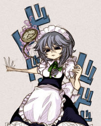 Rule 34 | 1girl, between fingers, female focus, holding, izayoi sakuya, knife, kty (04), maid, pocket watch, short hair, silver hair, solo, throwing knife, touhou, watch, weapon