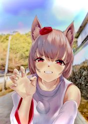 Rule 34 | 1girl, animal ear fluff, animal ears, blush, claw pose, detached sleeves, eye contact, hand up, hat, highres, inubashiri momiji, looking at another, looking at viewer, outdoors, pom pom (clothes), pov, risiyun, sky, smile, tagme, teeth, third-party edit, tokin hat, touhou, wolf ears